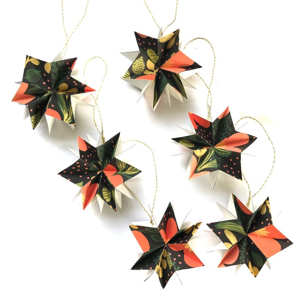 Star Ornament set of 6, Black with Peach Floral, small